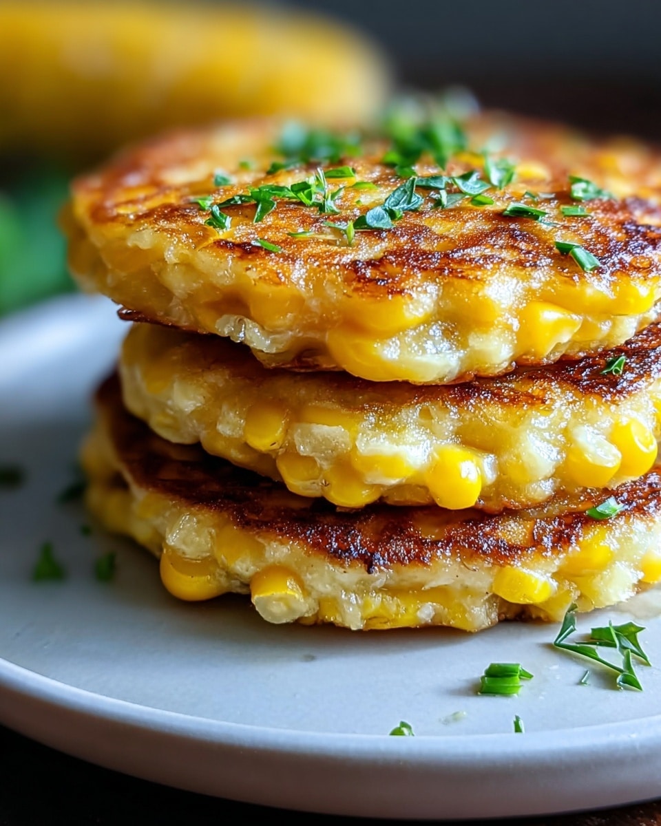 A close-up view of a stack of three golden corn cakes on a white plate, each layer showing yellow and white corn kernels with a slightly crispy brown texture on the edges. The top corn cake is sprinkled with small pieces of green herbs. The white plate sits on a white marbled surface, with soft blurred background colors creating warmth in the image. photo taken with an iphone --ar 4:5 --v 7