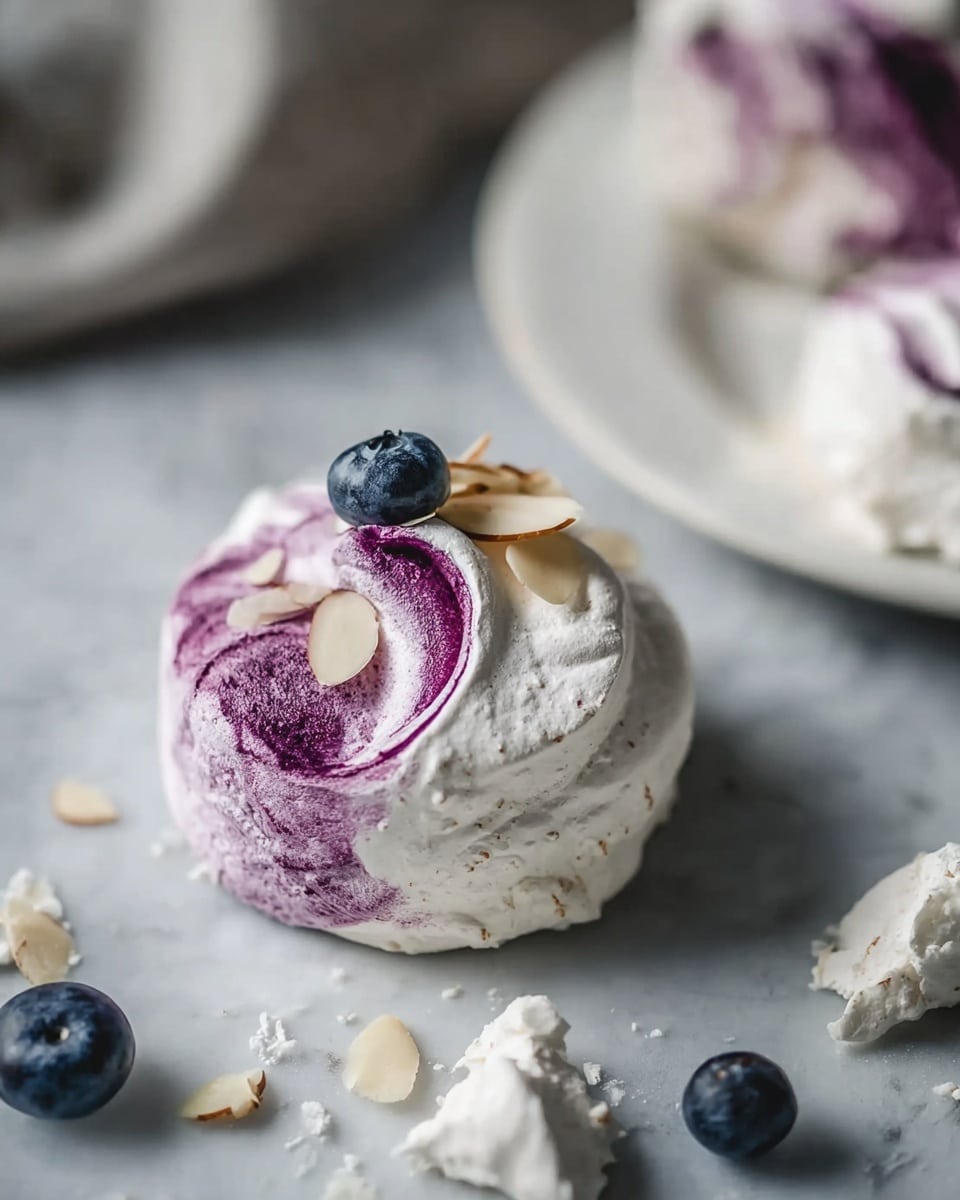 A close-up of a round dessert with two visible layers: the outer layer is a rough white textured meringue swirled with a smooth purple layer inside. It sits on a white marbled surface with a few broken pieces around and a single dark blueberry nearby. To the right, there is a white plate holding a similar meringue dessert decorated with almond slices and another dark blueberry. The colors mainly show white, purple, and dark blue, with soft lighting highlighting the texture of the meringue and swirls. Photo taken with an iphone --ar 4:5 --v 7