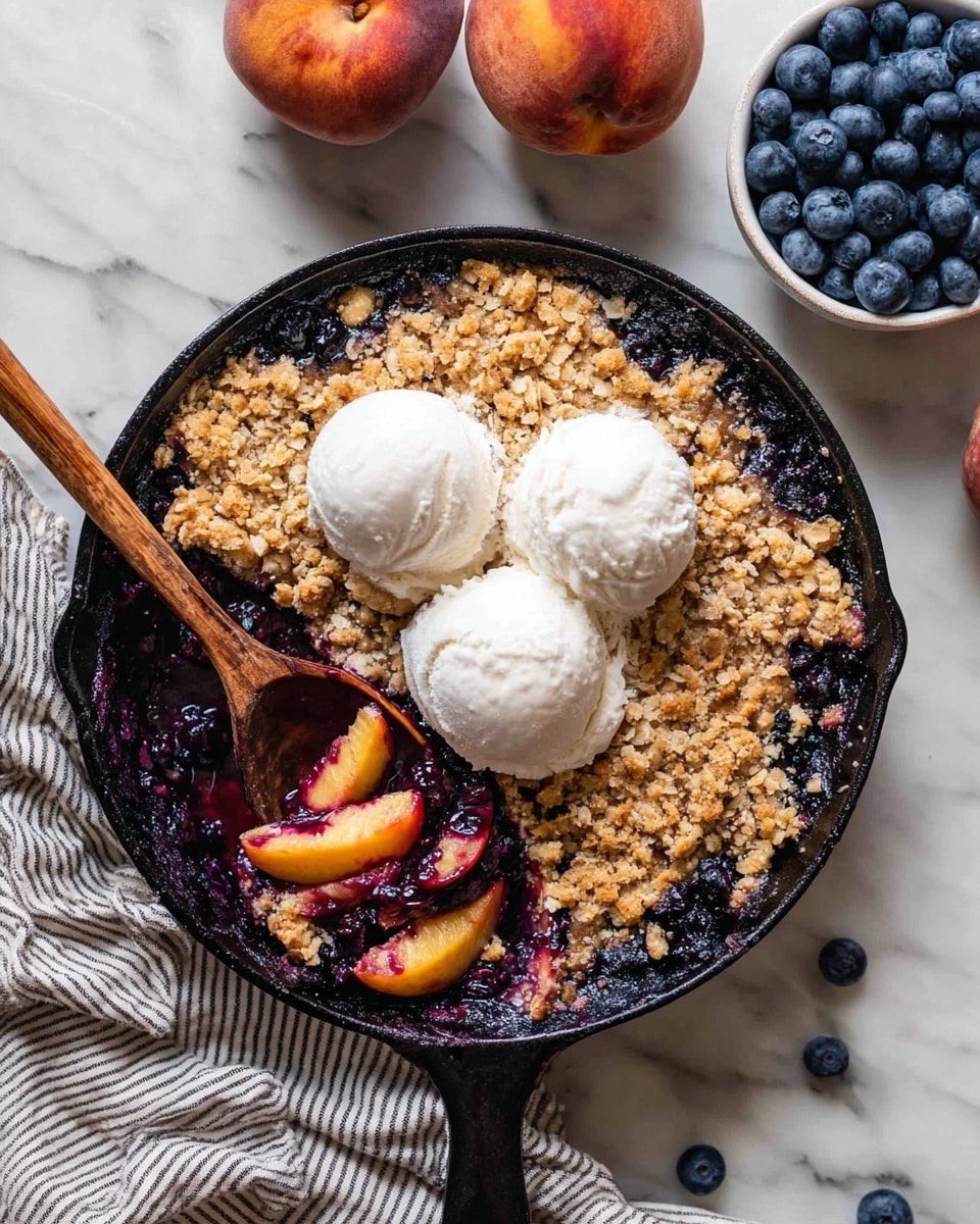 The image shows a black cast iron skillet filled with a peach and blueberry crumble, topped with three rounded scoops of white ice cream in the center. The crumble layer is golden brown with visible oats, covering a deep purple-blue fruit filling that peeks through in parts. A wooden spoon is scooping out a portion from the bottom left side, revealing soft peach pieces inside the fruit filling. The skillet rests on a striped cloth on a white marbled surface, with fresh peaches and a small white bowl of blueberries nearby. photo taken with an iphone --ar 4:5 --v 7