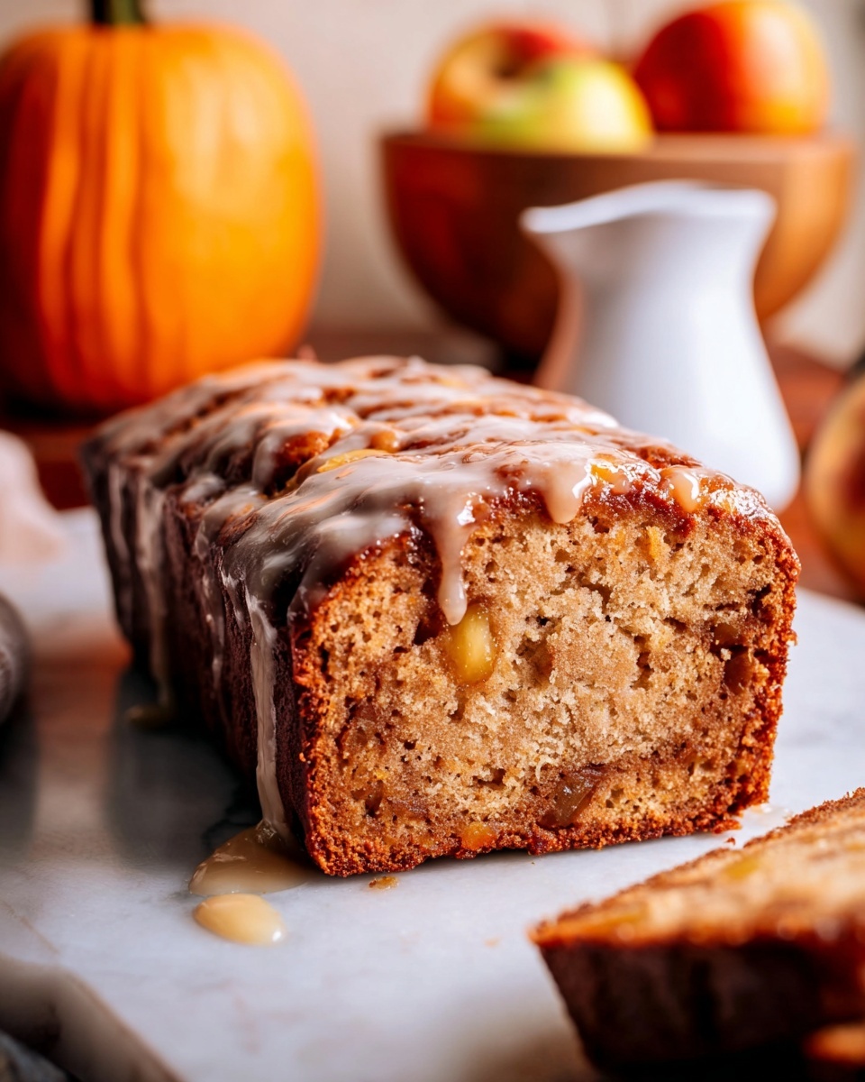 A loaf cake sits on a white marbled surface, sliced in the front to show its soft, light brown inside with small chunks of fruit or nuts. The top is darker brown with a shiny glaze dripping down the sides. The cake has a moist texture with a pale creamy sauce on top. In the background, there is a small white pitcher, an orange pumpkin, and a wooden bowl holding apples, with warm soft lighting. Photo taken with an iphone --ar 4:5 --v 7