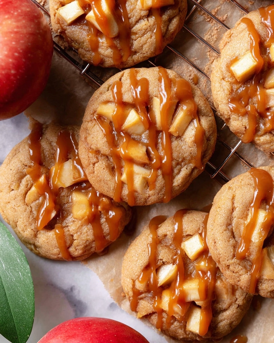 A close-up view of a group of round cookies with a light brown color and soft texture, each topped with small chunks of yellowish apple pieces. The cookies are drizzled generously with thick, glossy caramel sauce in uneven stripes, adding a shiny, rich contrast to the matte cookie surface. They rest on a piece of parchment paper on a cooling rack, placed on a white marbled surface. In the corner, there is a red apple with smooth skin and a bright green leaf. Photo taken with an iphone --ar 4:5 --v 7
