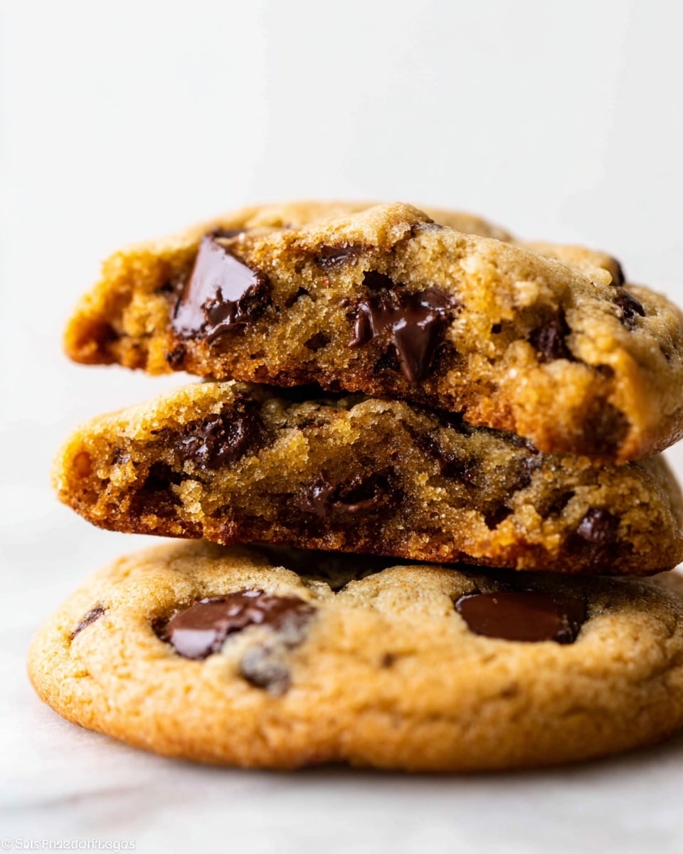 The image shows a close-up of a stack of two chocolate chip cookies on a white marbled surface. The bottom cookie is whole, soft, and golden brown with visible dark chocolate chunks melted slightly on the edges. The top cookie is halved and placed on the bottom one, showing a moist, soft inside with rich chocolate chips embedded throughout. The cookie texture looks chewy and thick, with a slightly rough surface. The background is plain and bright, emphasizing the warm colors of the cookies. Photo taken with an iphone --ar 4:5 --v 7