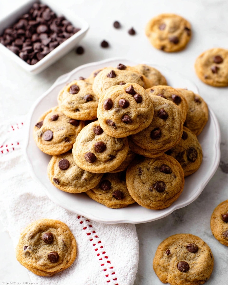 A white plate holds a stack of about fifteen round chocolate chip cookies. Each cookie is golden brown with a soft texture, dotted with dark brown chocolate chips on top. The cookies are layered loosely, some overlapping on the plate. Surrounding the plate, there are a few more cookies placed directly on a white marbled surface, along with a white square dish filled with extra chocolate chips visible on the left side. A white cloth with red stitching is partially visible in the background, adding a cozy touch. photo taken with an iphone --ar 4:5 --v 7