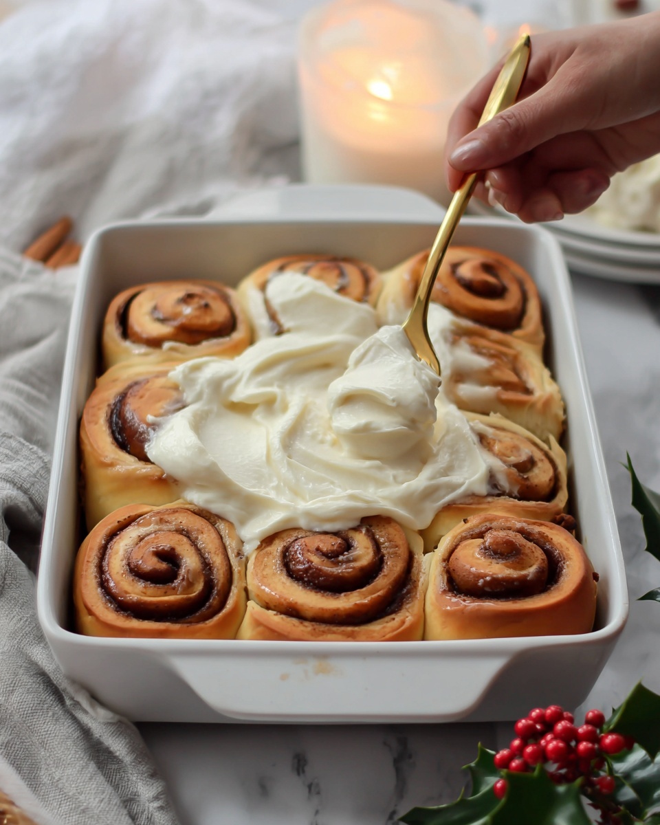 Inside a white rectangular baking dish, there are nine cinnamon rolls arranged close together in three rows. The cinnamon rolls are golden brown with a soft, swirled texture showing the cinnamon filling in dark brown spirals. The top of some rolls have a thick layer of smooth, white cream cheese frosting being spread evenly with a gold spoon held by a woman's hand. The dish sits on a white marbled surface with a blurred white candle glowing softly in the background and a small sprig of holly with red berries near the corner. photo taken with an iphone --ar 4:5 --v 7