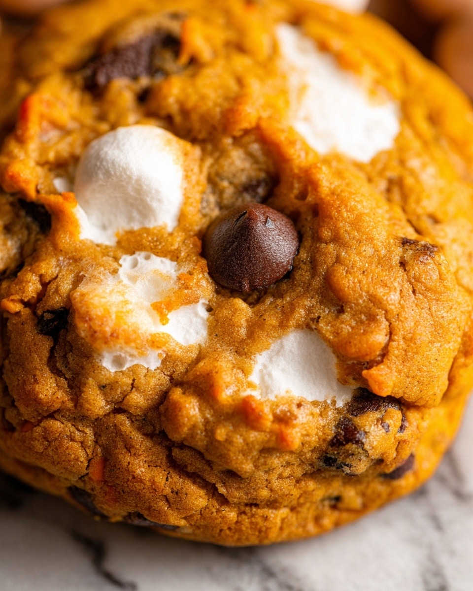 The image shows six golden-brown cookies with slightly uneven tops cooling on a metal wire rack. Each cookie has visible dark brown chocolate chips scattered across the surface and patches of white marshmallow melted into the dough. The cookies’ textures show a soft, slightly puffy interior with toasted, crispy edges. The wire rack sits on a wooden surface partially covered by an orange-yellow fabric with fringed edges. Some small chocolate chips and mini marshmallows are scattered near the rack. The photo taken with an iphone --ar 4:5 --v 7