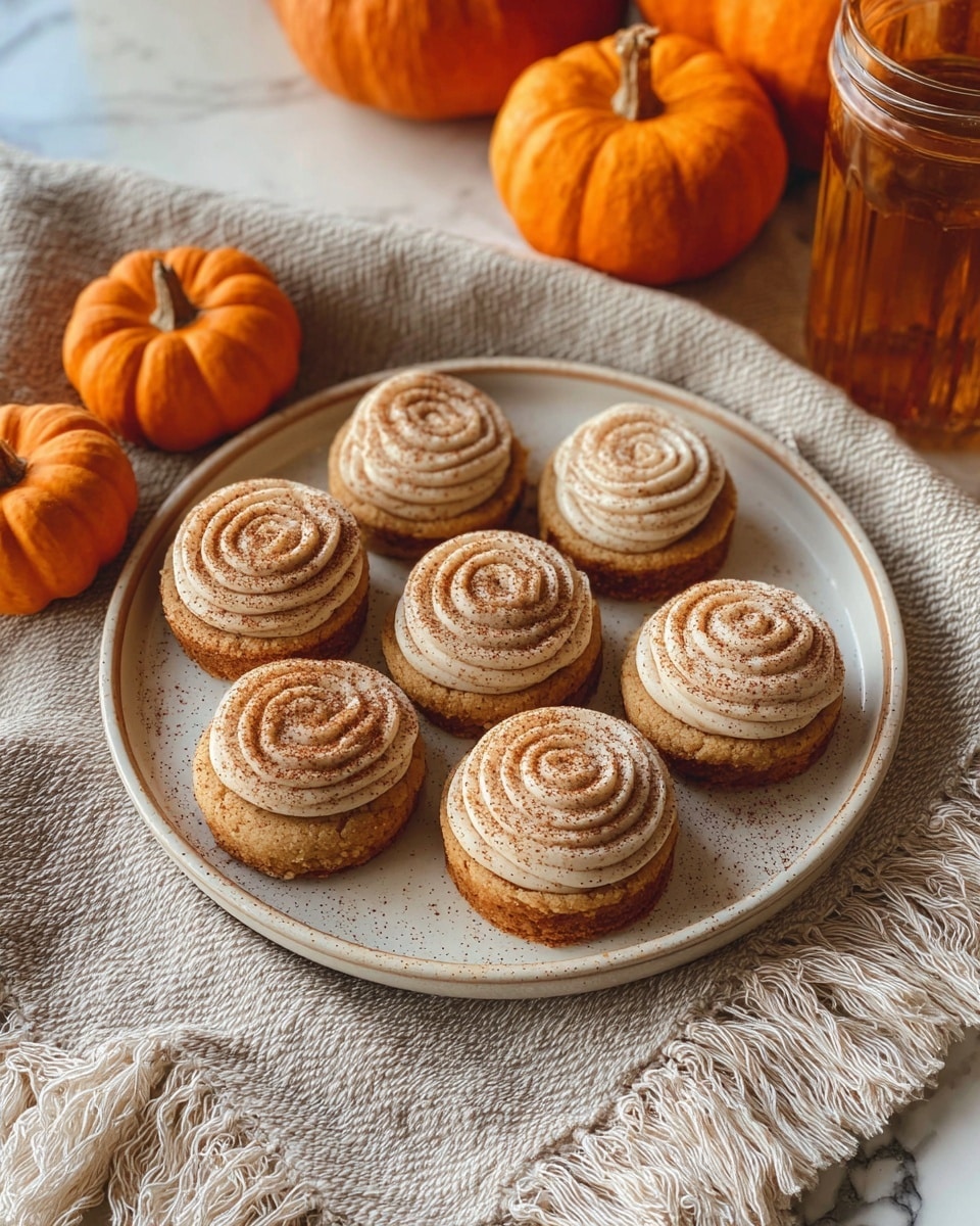 A round white plate with a light brown rim holds six small round cookies. Each cookie has two layers: a light orange-brown base and a thick, creamy light tan spiral frosting layer on top, dusted with a fine layer of brown powder. The plate sits on a light beige textured cloth with fringe edges and a white marbled surface in the background. Around the plate are three small, bright orange mini pumpkins and a tall amber jar with a liquid inside. The scene is warm and cozy, with soft natural lighting. photo taken with an iphone --ar 4:5 --v 7