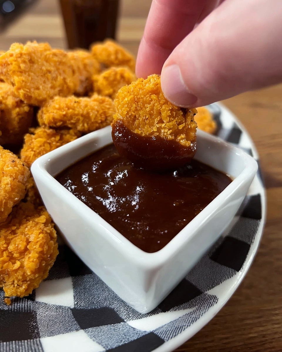 A close-up image shows a woman's hand holding a small, orange crispy nugget dipped halfway into a thick, dark reddish-brown sauce in a small white square dish. In the background, a white plate with a black checkered pattern holds more orange crispy nuggets, all arranged closely together. The scene is set on a wooden surface, and the overall look is warm and inviting. photo taken with an iphone --ar 4:5 --v 7