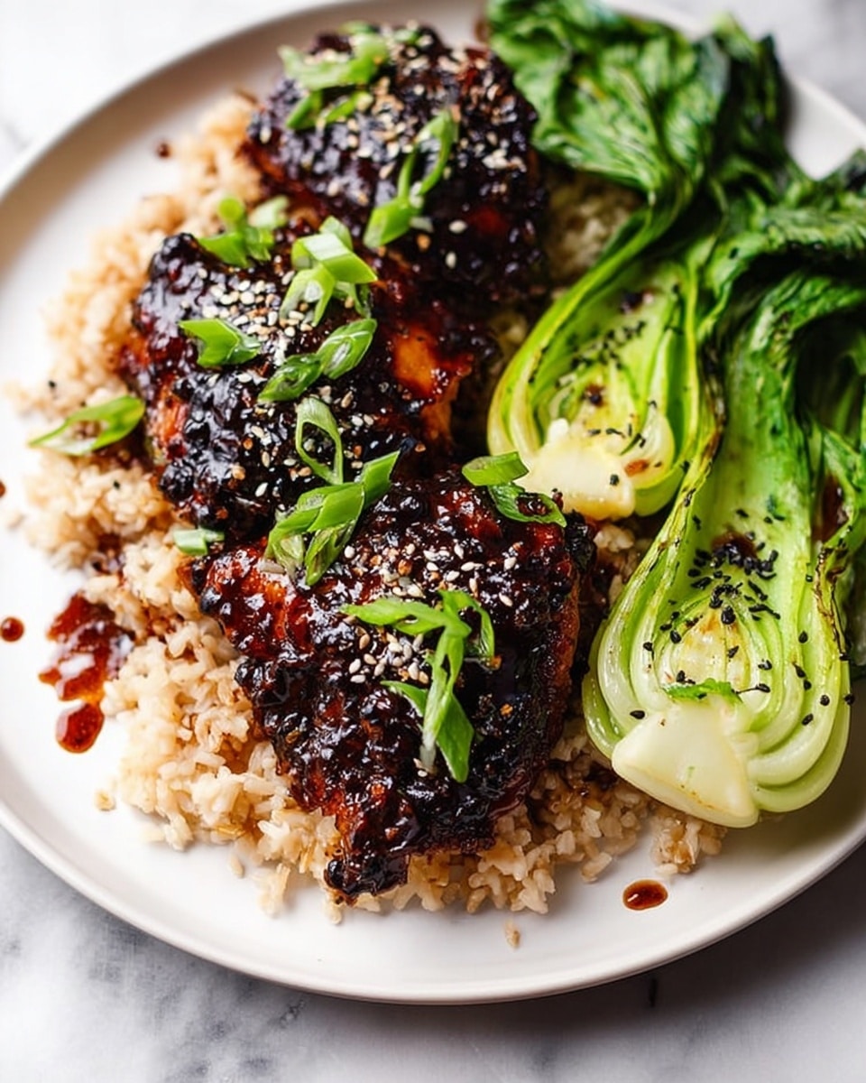 A white plate on a white marbled surface holds a dish with three pieces of dark brown glazed chicken topped with black and white sesame seeds and small green onion slices. The chicken rests on a bed of light brown fuzzy rice with a slightly sticky texture. On the right side of the plate, there are bright green bok choy leaves with some black sesame seeds sprinkled on them. The sauce from the chicken has a shiny, sticky look and some pools on the plate's edge. photo taken with an iphone --ar 4:5 --v 7