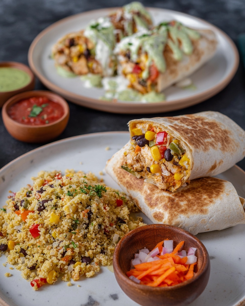 Two folded breakfast burritos sit on a white plate, one burrito stacked on top of the other with the top one cut open to reveal creamy filling with black beans, yellow corn, red and green bell peppers, and chicken. To the left, there is a large heap of cauliflower rice mixed with small pieces of red and yellow bell peppers and herbs. In front of the burritos, a small wooden bowl holds thin orange pickled carrot slices with white onions and green herbs. In the background, another white plate holds a whole burrito topped with green sauce, red salsa, and white cream, alongside more cauliflower rice. The setting is on a white marbled surface with additional small wooden bowls holding green sauce and red salsa around the plates. photo taken with an iphone --ar 4:5 --v 7
