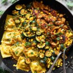 Garlic Butter Chicken with Zucchini, Corn, and Ravioli Recipe