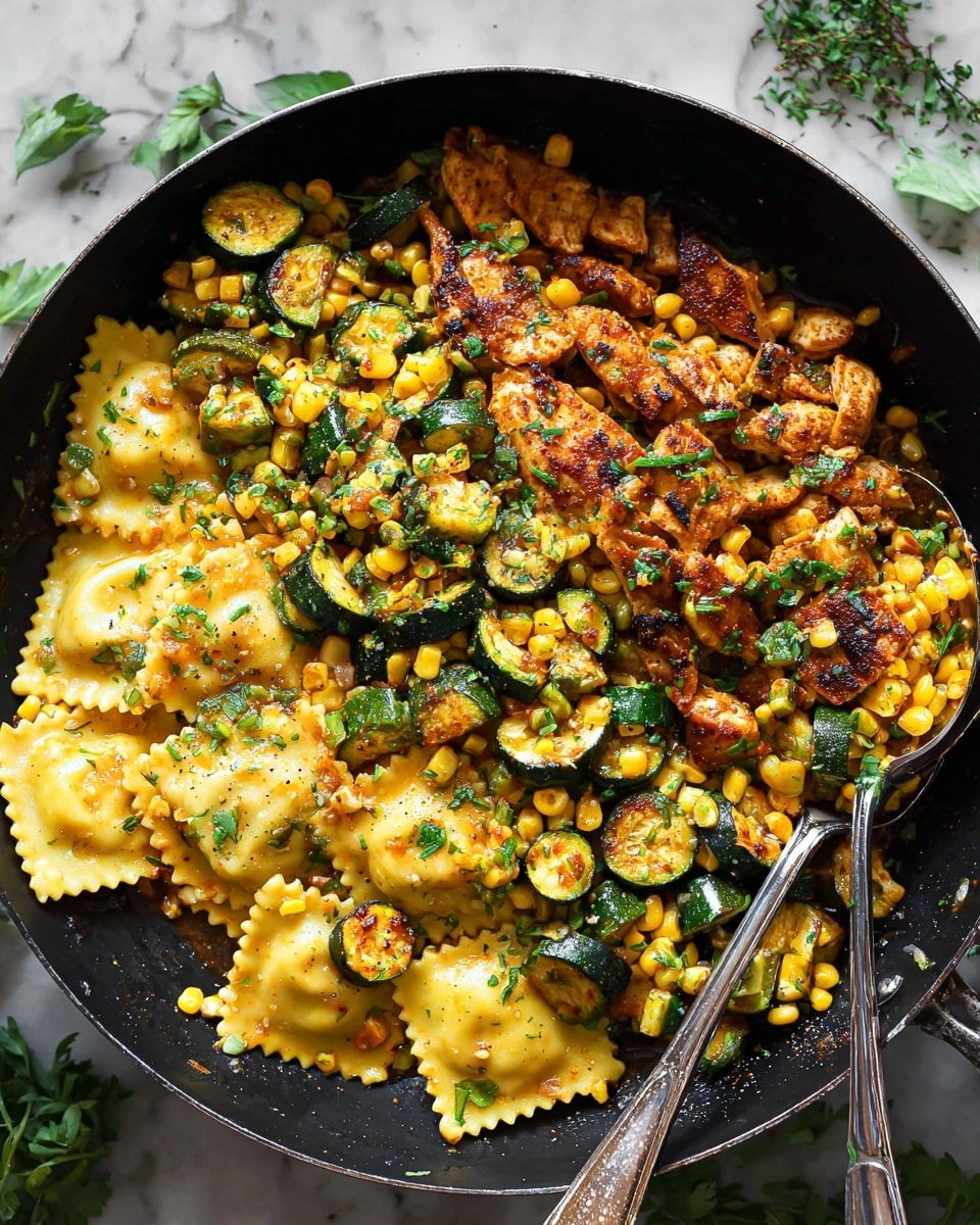 Garlic Butter Chicken with Zucchini, Corn, and Ravioli Recipe