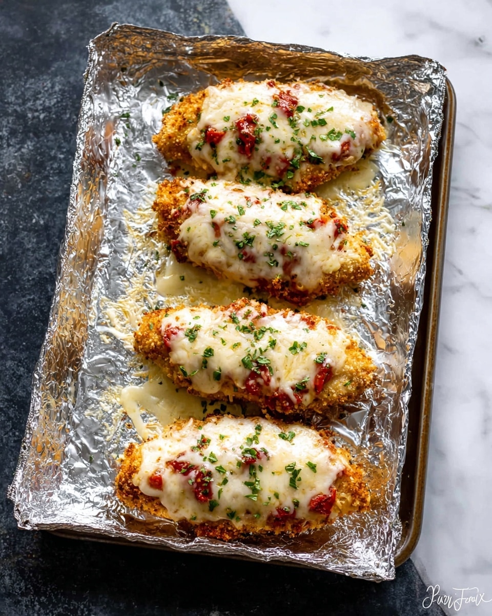 Four pieces of golden-brown breaded chicken laid in a single row on a baking tray covered with foil, each topped with a layer of melted white cheese that has small red spots of tomato sauce underneath and sprinkled with green chopped herbs, all on a white marbled surface. Photo taken with an iphone --ar 4:5 --v 7