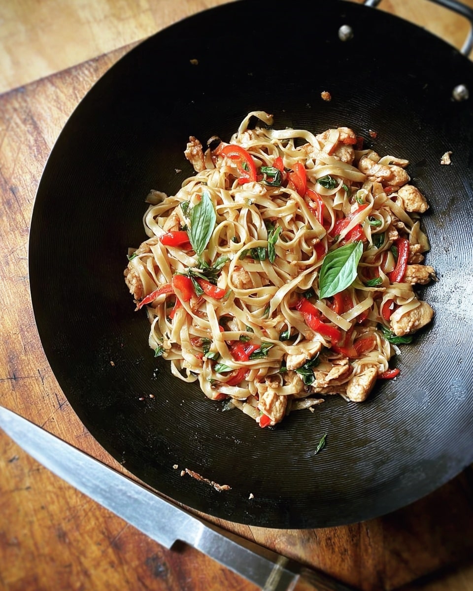 A black wok filled with stir-fried flat noodles layered with small round pieces of cooked chicken, bright red slices of bell pepper, and green basil leaves scattered on top, showing a mix of light brown, red, and green colors throughout. Below the wok is a plain knife with a silver blade and black handle resting on a wooden surface. Photo taken with an iphone --ar 4:5 --v 7