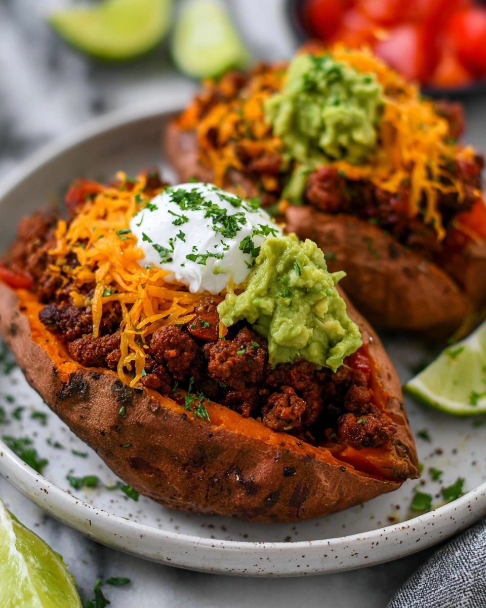 A close-up of two halves of baked sweet potatoes on a white plate, each filled with multiple layers: the bottom layer is a chunky dark brown ground meat mixture with bits of tomatoes, topped with bright orange shredded cheddar cheese, then a dollop of green chunky guacamole sprinkled with chopped green herbs on one side, and a white creamy sour cream with black pepper on the other. The sweet potato skin is roasted and slightly wrinkled with black pepper flakes. The plate sits on a white marbled background with some lime slices and chopped tomatoes blurred in the background. photo taken with an iphone --ar 4:5 --v 7