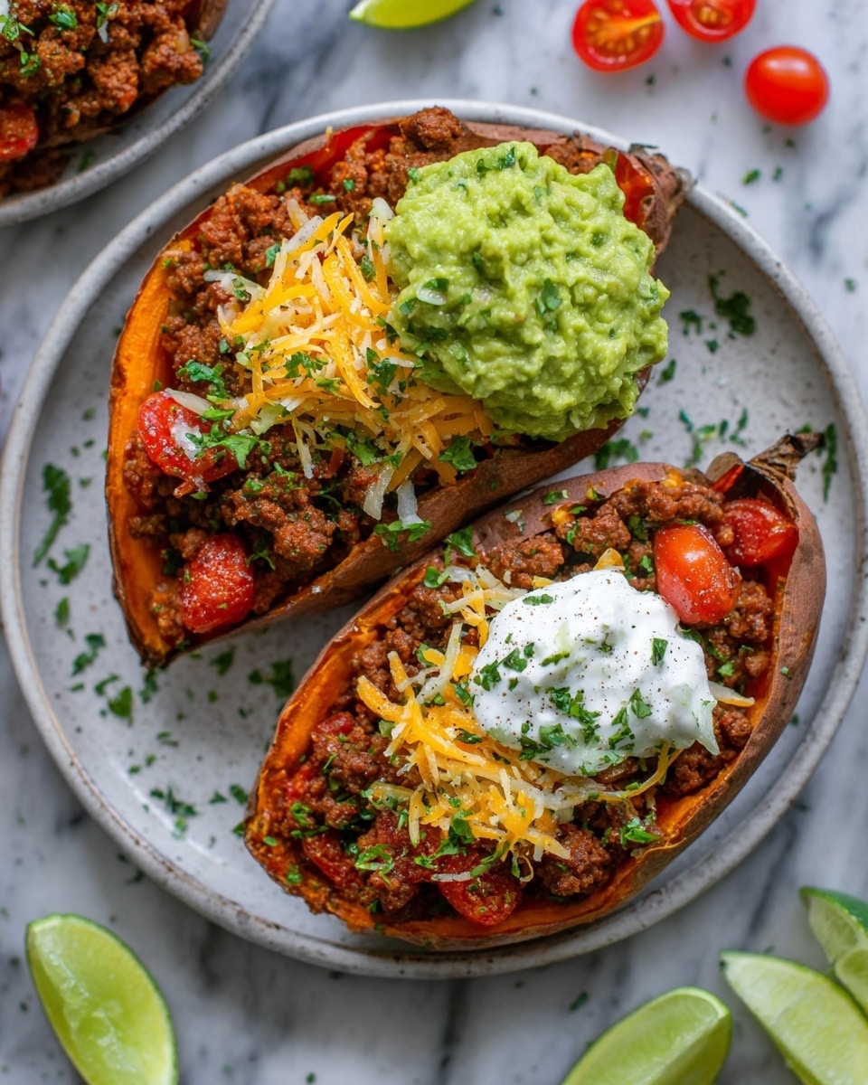 Two halves of a baked sweet potato sit on a white plate, each filled with a layer of cooked ground meat mixed with diced cherry tomatoes and onions. On top of the meat, there is a layer of shredded yellow cheddar cheese, followed by a generous scoop of green guacamole sprinkled with chopped fresh herbs. Next to the guacamole is a dollop of white sour cream seasoned with cracked black pepper. The background surface is white marble, and scattered around the plate are halved cherry tomatoes and lime wedges. Photo taken with an iphone --ar 4:5 --v 7