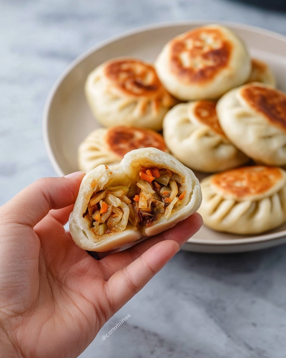 A woman's hand holds a small round dough pocket, broken open to show a filling of light brown noodles mixed with thin orange carrot strips and pale cabbage. The dough is soft and pale, with a slight golden brown on the edges. In the background, a white plate holds several more dough pockets with golden brown tops and slightly folded or pinched edges, creating a layered look with some smooth and some textured areas. The scene is set on a white marbled surface. Photo taken with an iphone --ar 4:5 --v 7