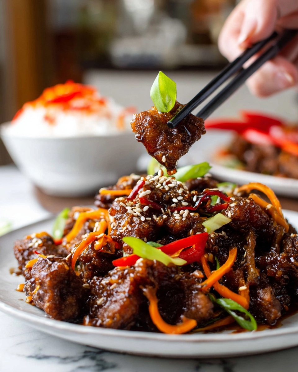 A close-up view of a pile of crispy fried meat pieces coated in a dark, shiny sauce, placed on a white plate on a white marbled surface. The dish has bright orange thin carrot strips, red pepper slices, and green onion pieces mixed in, along with white sesame seeds sprinkled on top. A woman's hand is holding black chopsticks picking up one piece, which is garnished with a small green leaf and held above the plate. In the blurred background, there is a white bowl with rice and red pepper slices. photo taken with an iphone --ar 4:5 --v 7