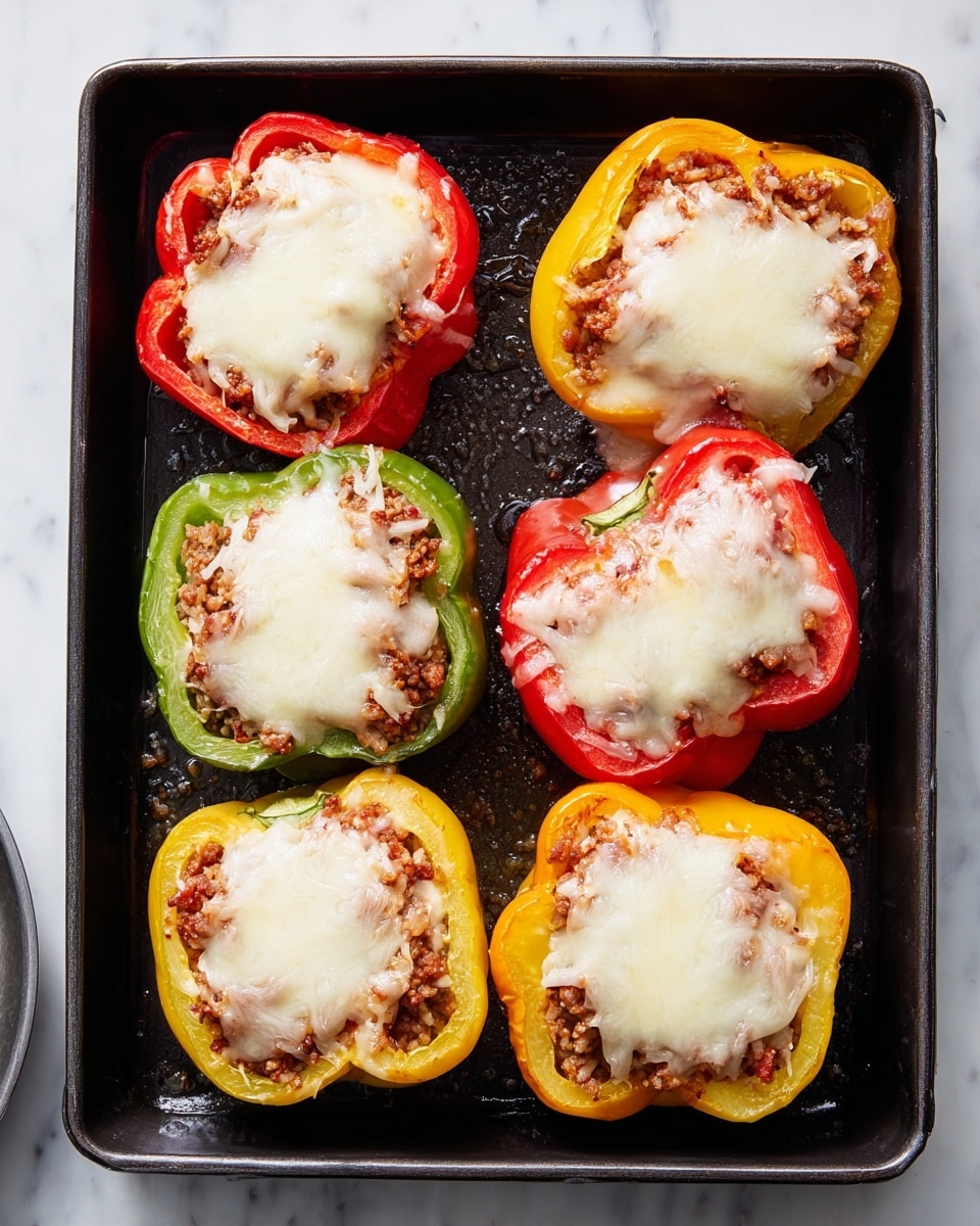 The image shows a black baking tray with six stuffed bell pepper rings arranged in two rows. Each pepper ring acts as the bottom and sides layer, showing bright red, yellow, and green colors with a firm texture. Inside each pepper ring, there is a layer of brown cooked filling, likely a meat or grain mixture, with a slightly crumbly texture. The top layer on each stuffed pepper is a melted white cheese that is soft and smooth, with some cheese slightly overflowing and bubbling on the baking tray. The tray sits on a white marbled surface. Photo taken with an iphone --ar 4:5 --v 7
