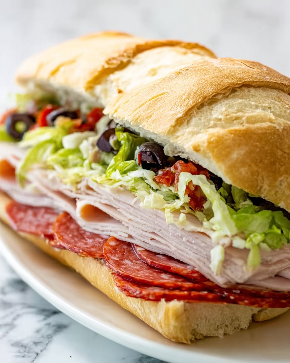 The sandwich is shown close-up with several layers inside a soft, light brown bun that has a slightly wrinkled texture. The bottom layer is sliced salami, deep red with a shiny surface, followed by a thick layer of thinly sliced turkey meat in pale white. Above the turkey, there is a mix of small chopped olives and red peppers, with dark purple, green, and bright red colors. The top layer is shredded green lettuce, sitting just below the top of the bun. The sandwich rests on a white plate, with a white marbled background making the colors stand out clearly. photo taken with an iphone --ar 4:5 --v 7