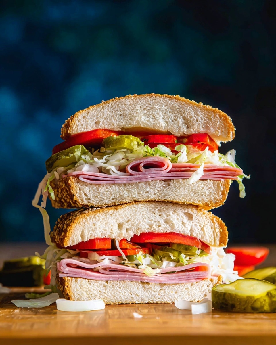 The image shows a sandwich cut in half and stacked, with two layers of soft, sesame-seeded white bread on top and bottom. The first layer inside is thin slices of pink deli meat, followed by a layer of thin, white onion slices. Above that is a bed of shredded light green lettuce, topped with slices of bright red tomato and green pickles scattered among. The sandwich is set on a wooden surface with some stray pieces of onion and pickles around it, against a deep blue and black blurry background. Photo taken with an iphone --ar 4:5 --v 7