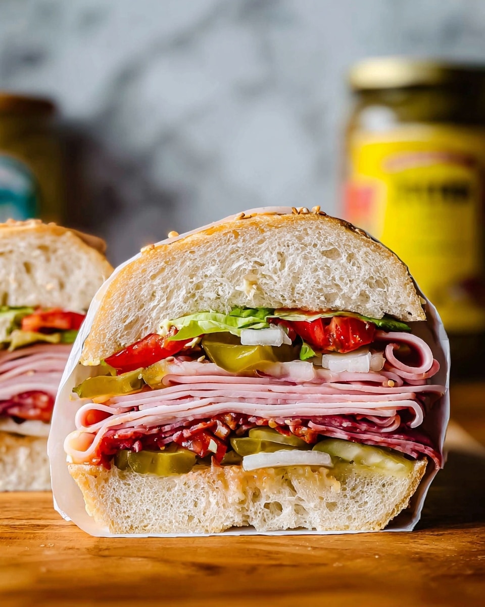 The image shows a sandwich cut in half, each half placed on a wooden surface with a white marbled background. There are four main layers inside the sandwich: the bottom layer is soft, light beige bread with a slightly airy texture; above it is a layer of thinly sliced pink deli meat; next comes a layer of mixed vegetables including green leafy lettuce, round slices of green pickle, thin white onion strips, and red tomato slices at the top. The sandwich is wrapped in white paper around the middle, and the bread crust on top is golden brown with a few sesame seeds. A blurred jar with a yellow label is in the background. Photo taken with an iphone --ar 4:5 --v 7