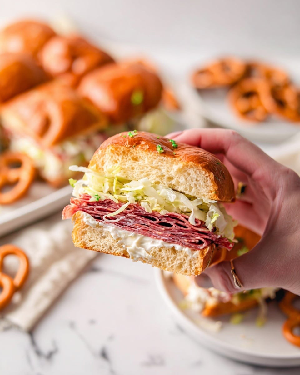 A close-up of a sandwich held by a woman's hand shows five visible layers: the top layer is a golden brown bun with a soft texture and some green herb bits on top, below it is a thick layer of creamy white mayonnaise mixed with shredded lettuce which looks fresh and crunchy, next is a dense stack of thinly sliced dark red deli meats that are slightly shiny, then a bottom layer of the same golden brown bun with a soft and fluffy inside. The background shows more sandwiches on white plates with pretzels around them, all set on a white marbled surface. The photo taken with an iphone --ar 4:5 --v 7