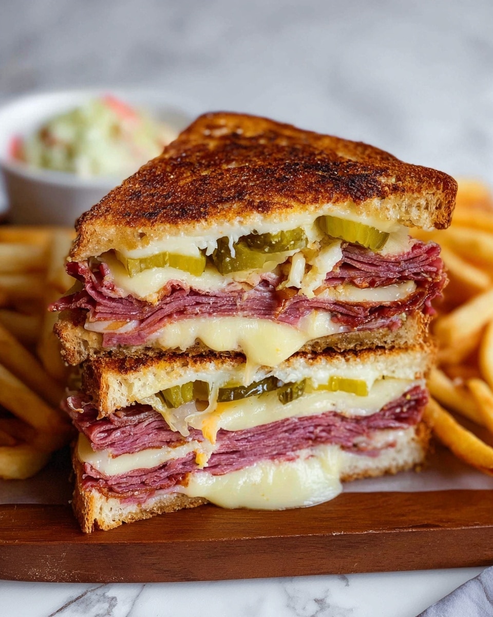 The image shows a thick sandwich cut in half and stacked, resting on a wooden board with fries and a white bowl of coleslaw in the background on a white marbled surface. The sandwich has four main layers of toasted golden-brown bread. Inside, there are multiple layers of thin, dark pink cured meat, followed by melted light yellow cheese that oozes slightly between the layers. On top of the cheese, there are sliced pickles with a pale green color. The top slice of bread is darker and crunchy. Photo taken with an iphone --ar 4:5 --v 7