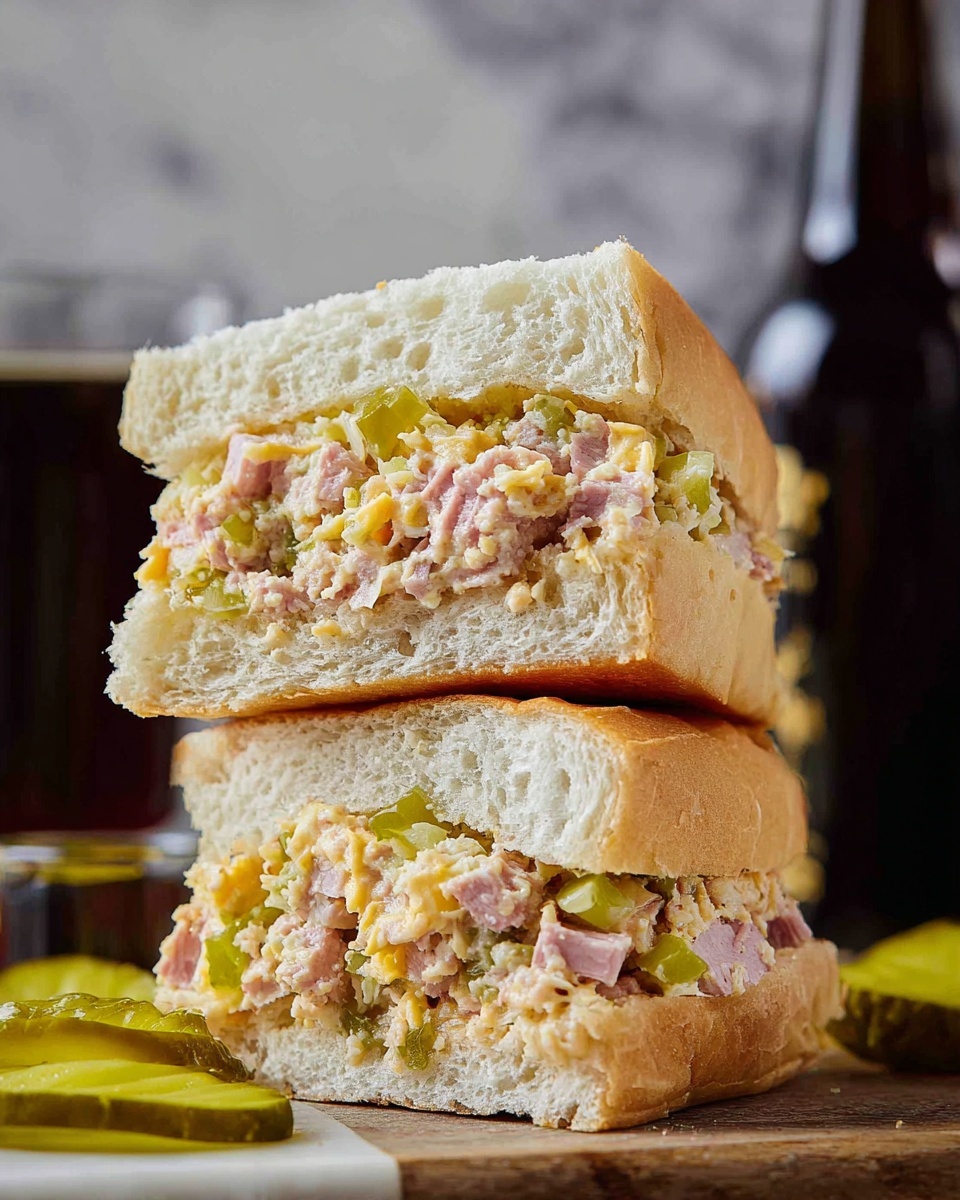 A sandwich cut in half and stacked, showing two thick layers of soft, white bread with a fluffy texture on the outside and inside. Between the bread layers is a mixed filling made of chopped pieces of pink meat, green pickles, and bits of light yellow cheese, all finely chopped and mixed together, creating a colorful, chunky texture. The sandwich halves are placed on a wooden surface with a green pickle slice next to them, and there are dark bottles blurred in the background. The whole scene is set on a white marbled surface. Photo taken with an iphone --ar 4:5 --v 7