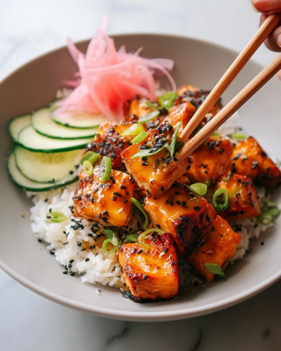 The dish is served in a white bowl on a white marbled surface, featuring a bed of white rice as the base layer. On top of the rice, there are chunks of grilled salmon glazed with a shiny orange sauce, speckled with black and white sesame seeds and garnished with slices of green onion. To one side, there is a small pile of thinly sliced, light pink pickled onions next to some thin cucumber slices. A woman's hand holding wooden chopsticks is picking up a glazed salmon piece with a few slices of green onion on it. The overall look is fresh and colorful with warm and cool tones. photo taken with an iphone --ar 4:5 --v 7