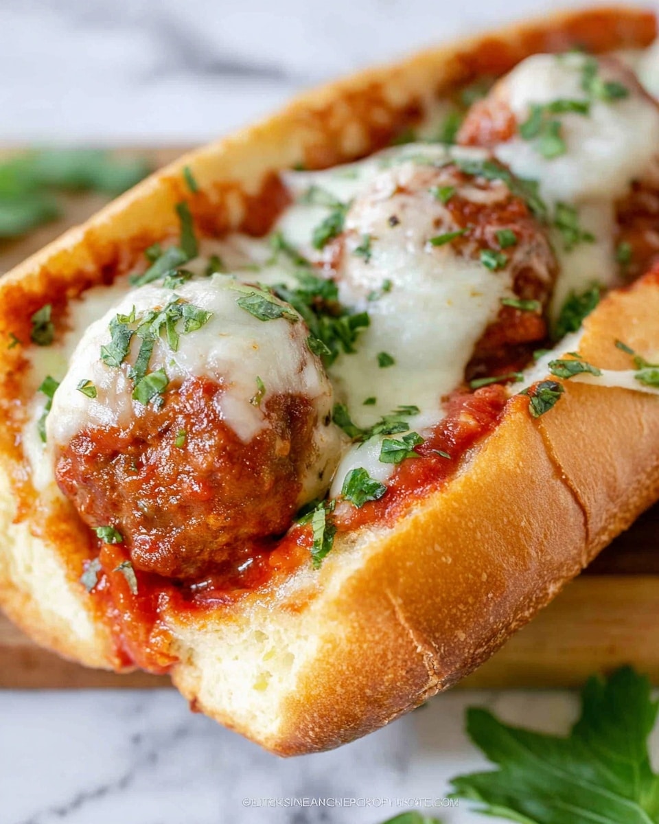 A close-up of a sandwich with three main layers inside a lightly toasted, golden-brown soft bun. The bottom layer shows several round meatballs coated in a bright red tomato sauce, sprinkled generously with small bits of fresh green herbs. On top of the meatballs, there is a layer of melted white cheese that is smooth and shiny, partially covering the meatballs and the sauce beneath. The sandwich is placed on a surface with a white marbled texture, with a few green leaves partially visible near the sandwich edge. Photo taken with an iphone --ar 4:5 --v 7