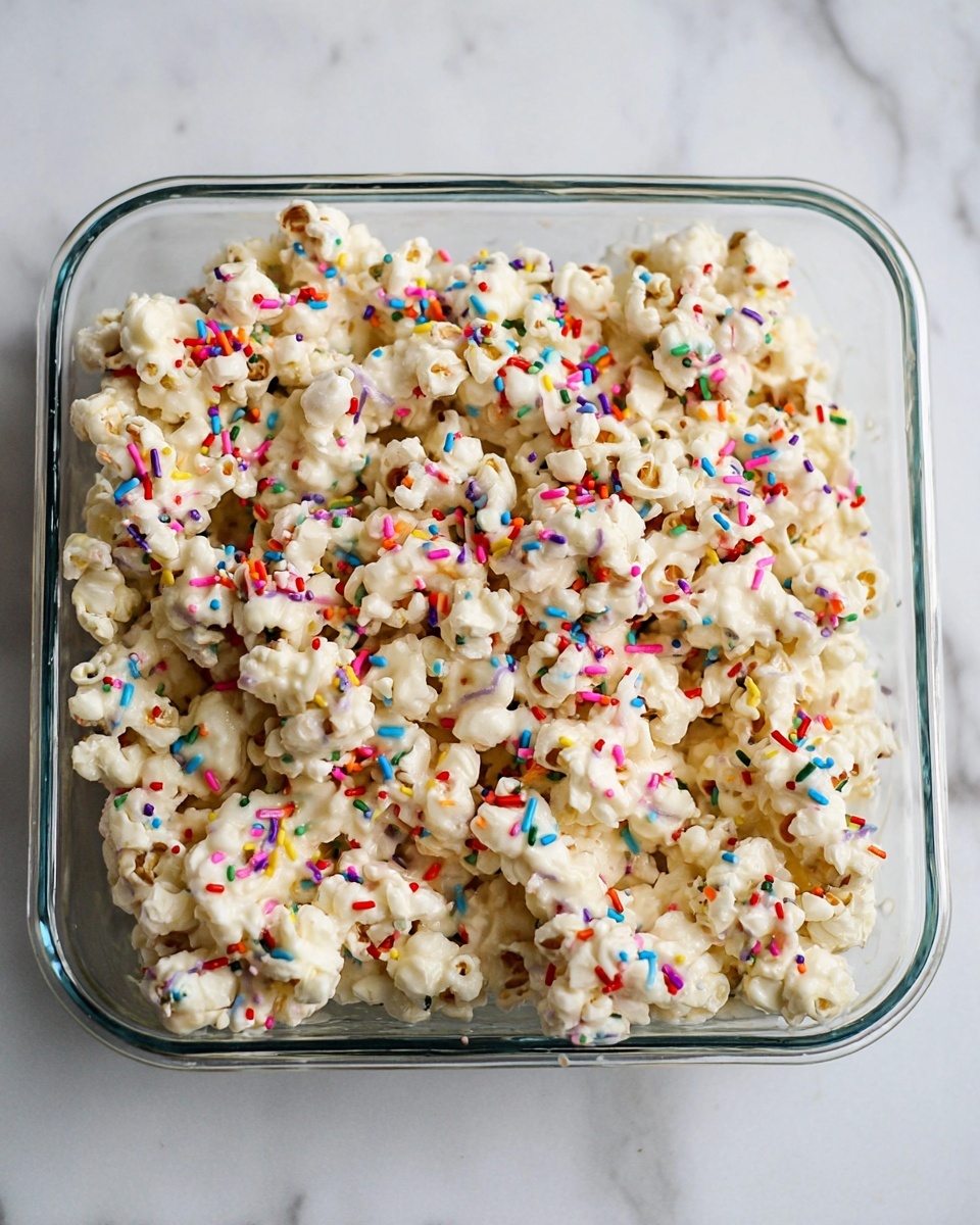 The image shows a square glass dish filled with a single thick layer of white popcorn coated in a creamy, sticky white melted layer that binds the popcorn together. Scattered throughout are small, colorful rainbow sprinkles in red, blue, yellow, green, pink, and purple, adding bright pops of color. The melted coating creates thin, stringy strands linking some popcorn pieces. The dish sits on a clean white marbled surface. photo taken with an iphone --ar 4:5 --v 7