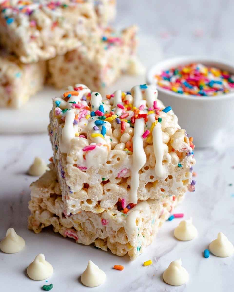 The image shows a close-up of two stacked rice cereal treats covered in white chocolate with colorful sprinkles on top. The treats are thick with visible rice cereal pieces and gooey melting white chocolate around the edges. Around them, there are scattered white chocolate chips and more colorful sprinkles on a white marbled surface. A small white bowl filled with rainbow sprinkles is placed on the right side of the image. The overall scene looks bright and inviting. photo taken with an iphone --ar 4:5 --v 7