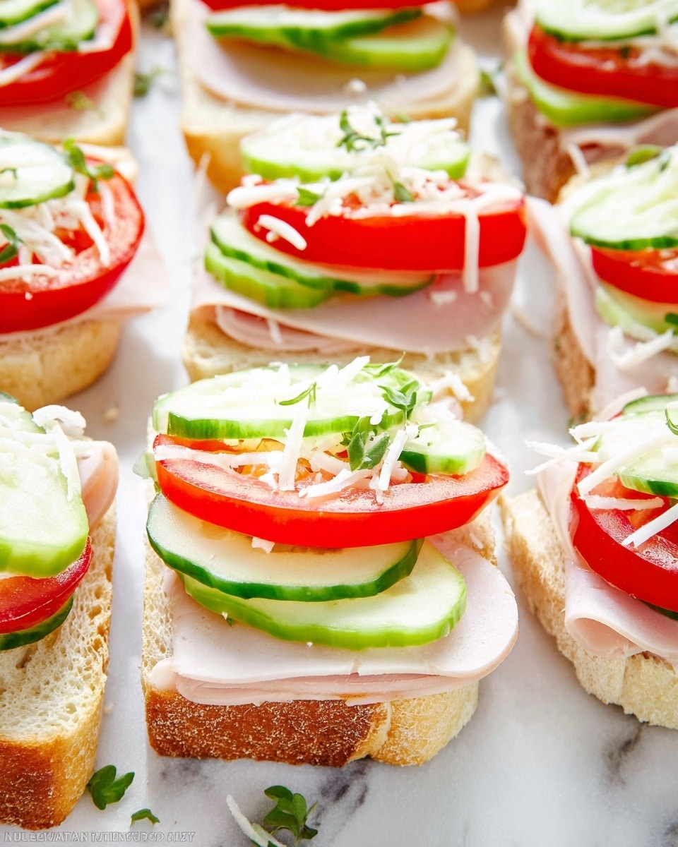 The image shows several open-faced sandwiches arranged closely on a white marbled surface. Each sandwich has four layers: a thick slice of light golden bread at the bottom; on top, a pale, smooth round slice of deli meat; over that, a bright red slice of tomato; followed by a green cucumber slice with a wavy edge. The sandwiches are finished with a small amount of shredded white cheese and a few tiny green herb leaves scattered on top and around. The texture is soft and fresh, with vibrant contrasting colors. Photo taken with an iphone --ar 4:5 --v 7