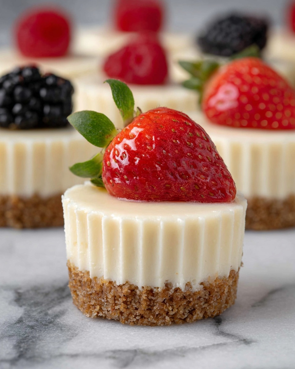 The image shows a small cheesecake with three distinct layers: a thick, crumbly brown crust at the bottom, a dense and creamy off-white cheesecake layer in the middle, and a glossy red strawberry with green leaves placed on top. The cheesecake has a smooth surface with slight texture, and the strawberry looks fresh and shiny with detailed seeds visible. In the background, there are several more cheesecakes, each topped with different berries such as raspberries and blackberries, all against a white marbled texture. Photo taken with an iphone --ar 4:5 --v 7