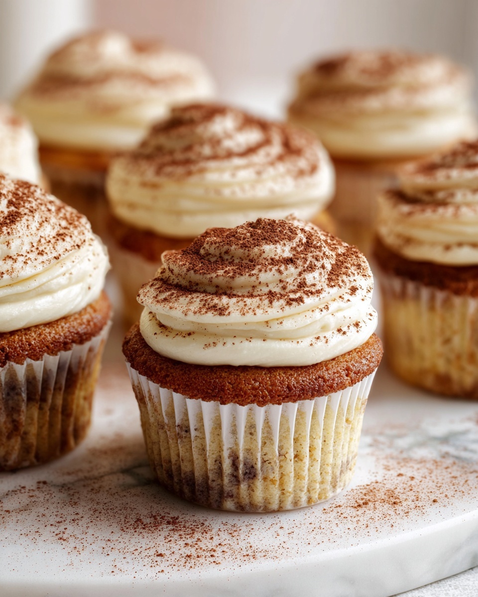 The image shows several cupcakes arranged closely on a white marble board. Each cupcake has two main layers: the bottom part is a light golden sponge cake with some darker spots, and the top is a thick swirl of creamy white frosting dusted with a fine layer of cocoa powder. The frosting is smooth and slightly puffy, forming a rounded peak in the middle. The cupcakes are in translucent white paper liners that reveal the texture of the cake. Cocoa powder is scattered lightly around the board, enhancing the warm tones of the dessert. Photo taken with an iphone --ar 4:5 --v 7