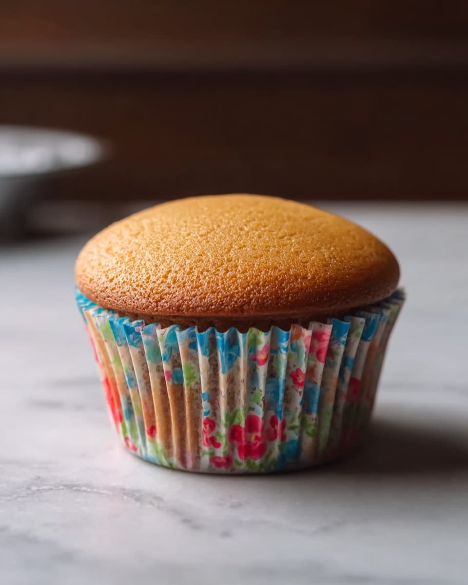 A single golden brown cupcake with a smooth, lightly domed top sits wrapped in a colorful paper liner featuring blue, red, and green floral patterns. The cupcake is placed directly on a white marbled surface, with soft natural light highlighting its texture and warm color. The background is softly blurred, focusing all attention on the cupcake's simple and inviting appearance. photo taken with an iphone --ar 4:5 --v 7
