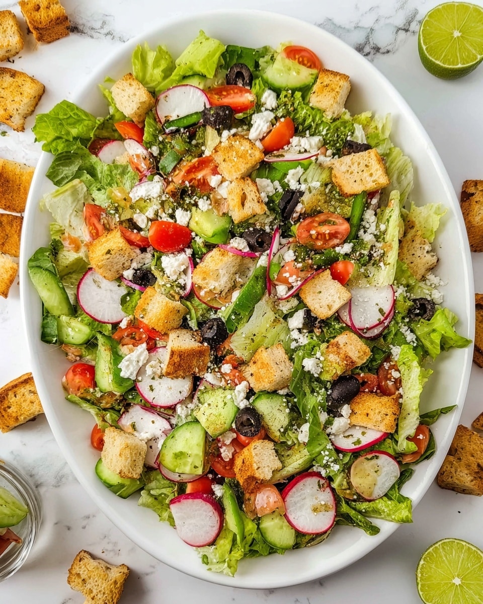 A white oval plate filled with a fresh mixed salad showing three main layers: a base of green lettuce leaves chopped into large pieces, a middle layer of sliced red radishes, cucumber pieces, chopped tomatoes, black olive slices, and chopped green peppers, and a top layer sprinkled with white crumbly cheese and golden brown croutons spread evenly across. The salad is lightly seasoned with black pepper and herbs, all placed on a white marbled surface with lime halves and some extra croutons around the plate. Photo taken with an iphone --ar 4:5 --v 7