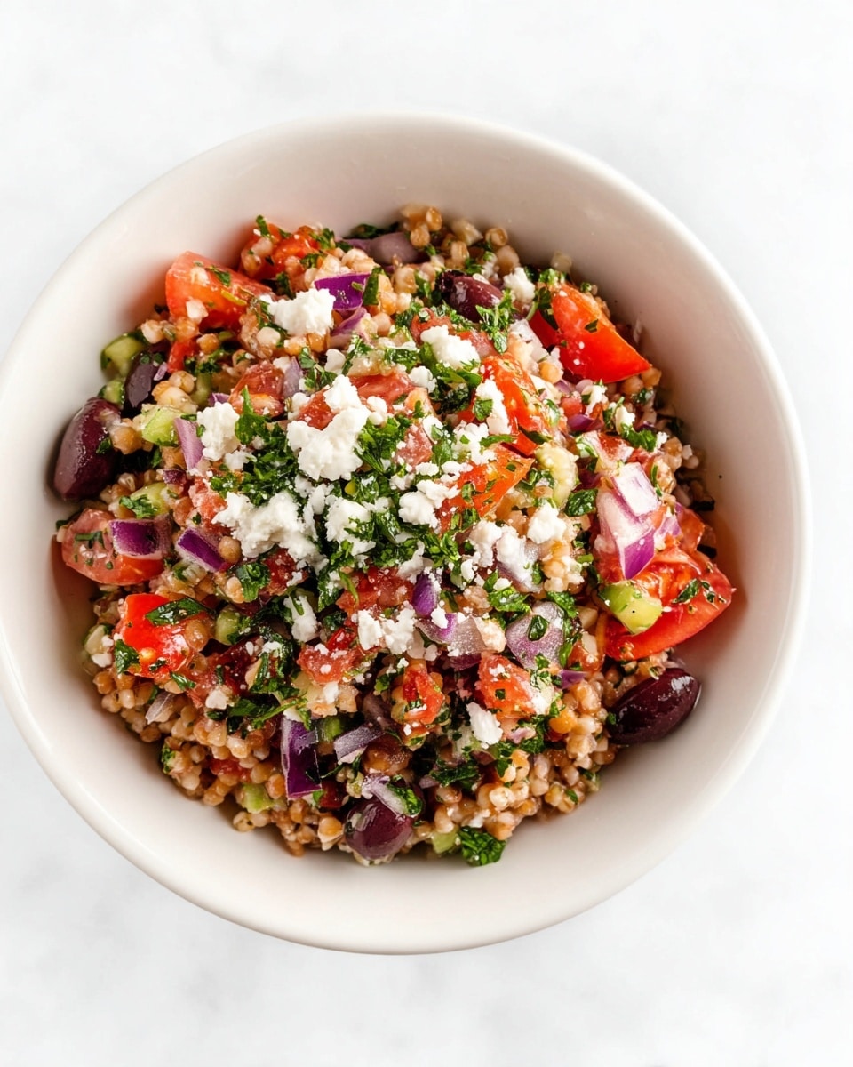 A white bowl filled with a mixed salad containing four main layers: the base is a layer of small, light brown grains, followed by a layer of finely chopped red tomatoes and red onions. Mixed throughout are small pieces of dark purple olives and chopped bright green herbs. The top layer is sprinkled with white crumbled cheese, adding texture and contrast to the colorful mix. The bowl rests on a white marbled surface. Photo taken with an iphone --ar 4:5 --v 7
