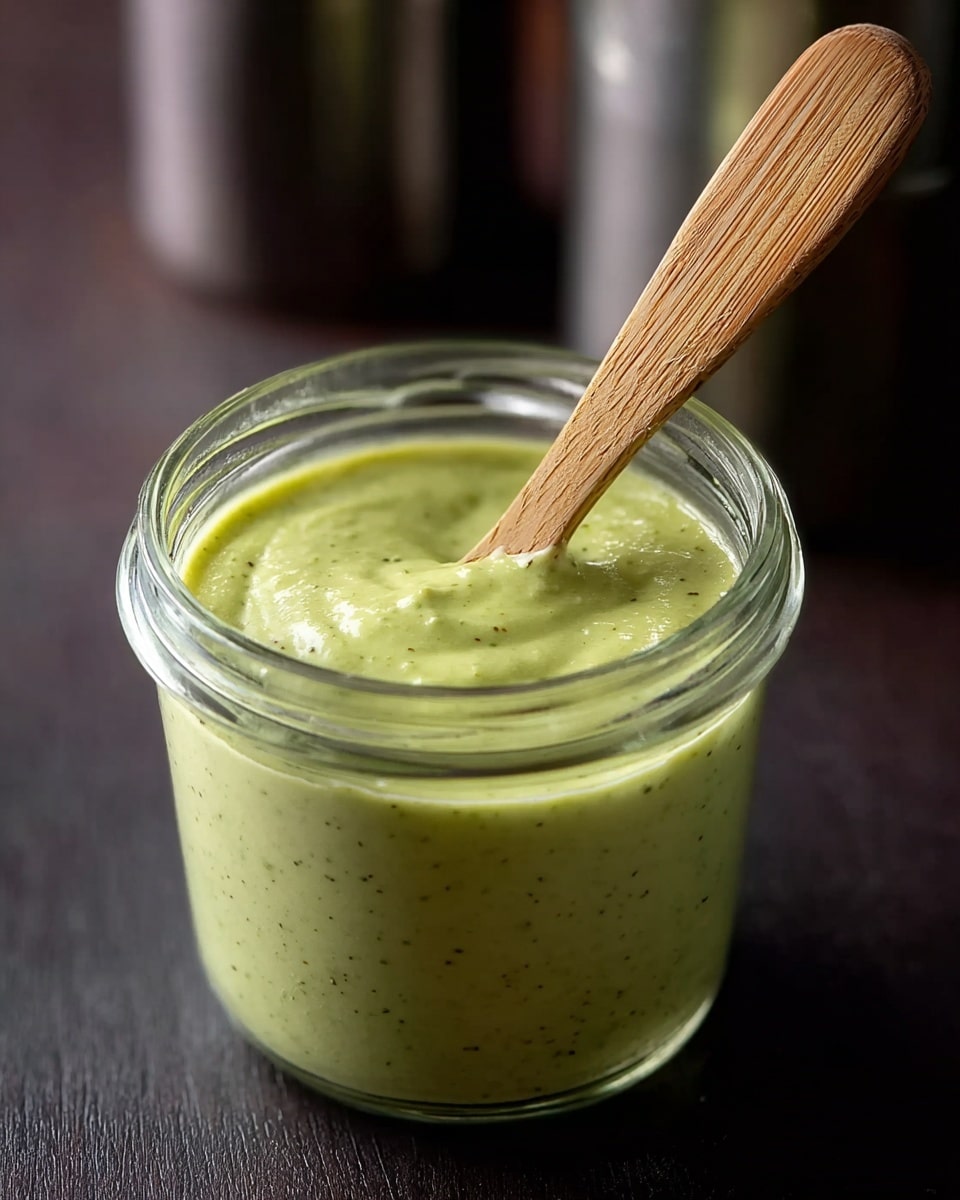 A close-up view of a small clear glass jar filled with a smooth, light green sauce that has tiny dark green specks evenly spread throughout. A light wooden spoon is placed inside the jar, resting at an angle with its handle sticking out. The jar is set on a dark surface, and the background has two blurred metallic containers. Photo taken with an iphone --ar 4:5 --v 7
