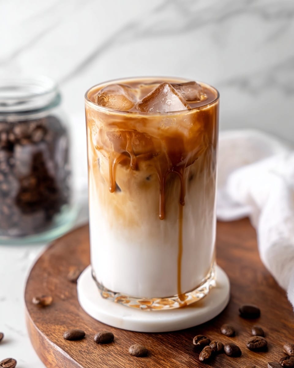 A clear glass filled with three main layers stands on a white coaster placed on a round wooden board with scattered coffee beans nearby. The bottom layer is a thick, dark caramel syrup that clings to the glass sides, dripping slightly down. Above this is a large middle layer of white milk, smooth and creamy, making up most of the glass’s height. The top layer is light brown coffee mixed with milk, swirled gently, with several large ice cubes floating near the surface. The background is a white marbled texture, and a glass jar of dark coffee beans is blurred in the background. photo taken with an iphone --ar 4:5 --v 7