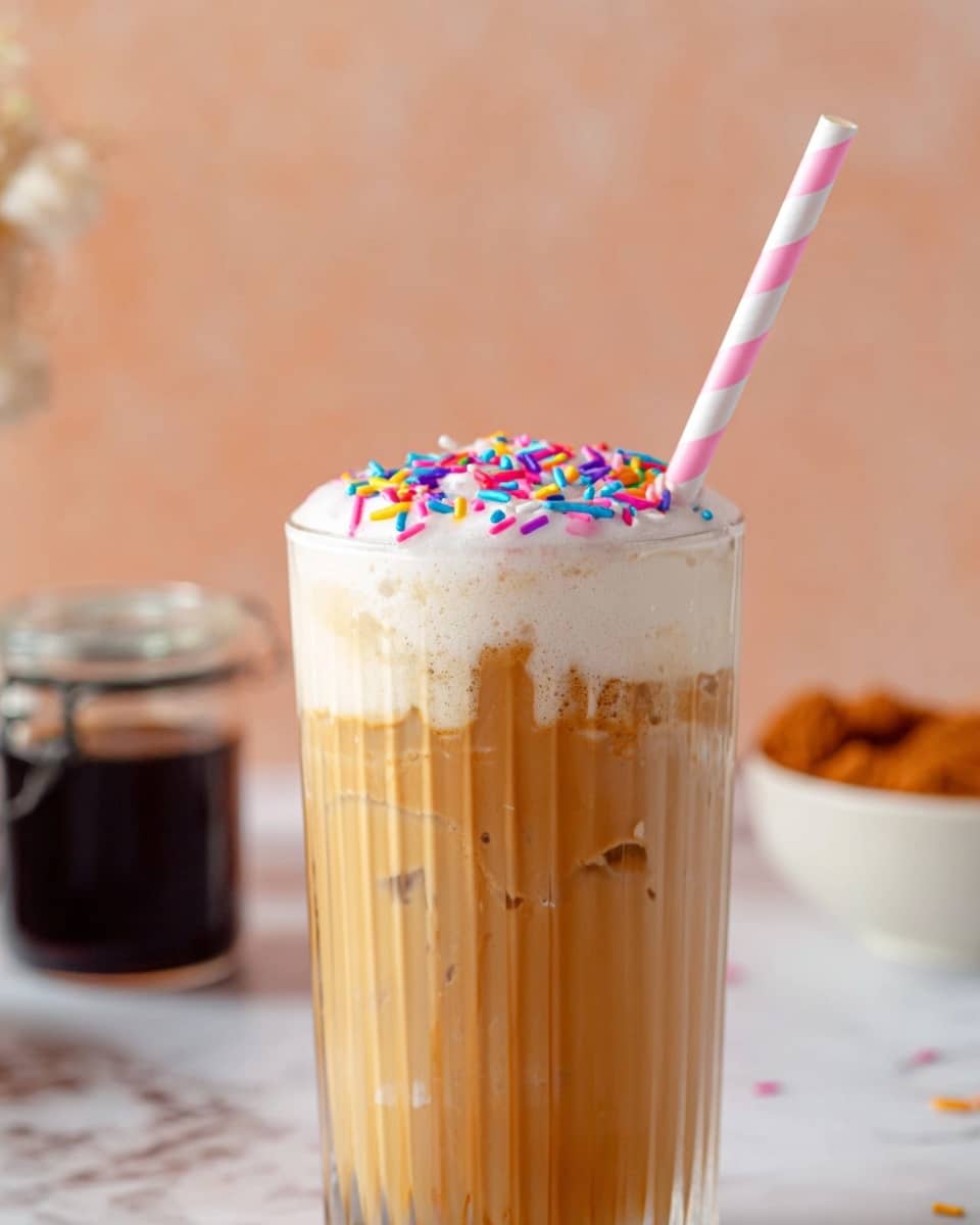 A tall, clear glass filled with a creamy light brown drink showing smooth texture at the bottom and foam on top, with thick white whipped cream layer covering the top that is topped with colorful sprinkles in pink, blue, purple, white, and gold shades. A white and pink striped paper straw is inserted into the drink from the right side. The glass sits on a white marbled surface with some colorful sprinkles scattered around it. In the background, there is a small white bowl with more sprinkles and a small pink bowl holding a brown ingredient, along with a glass jar filled with a dark liquid. Photo taken with an iphone --ar 4:5 --v 7