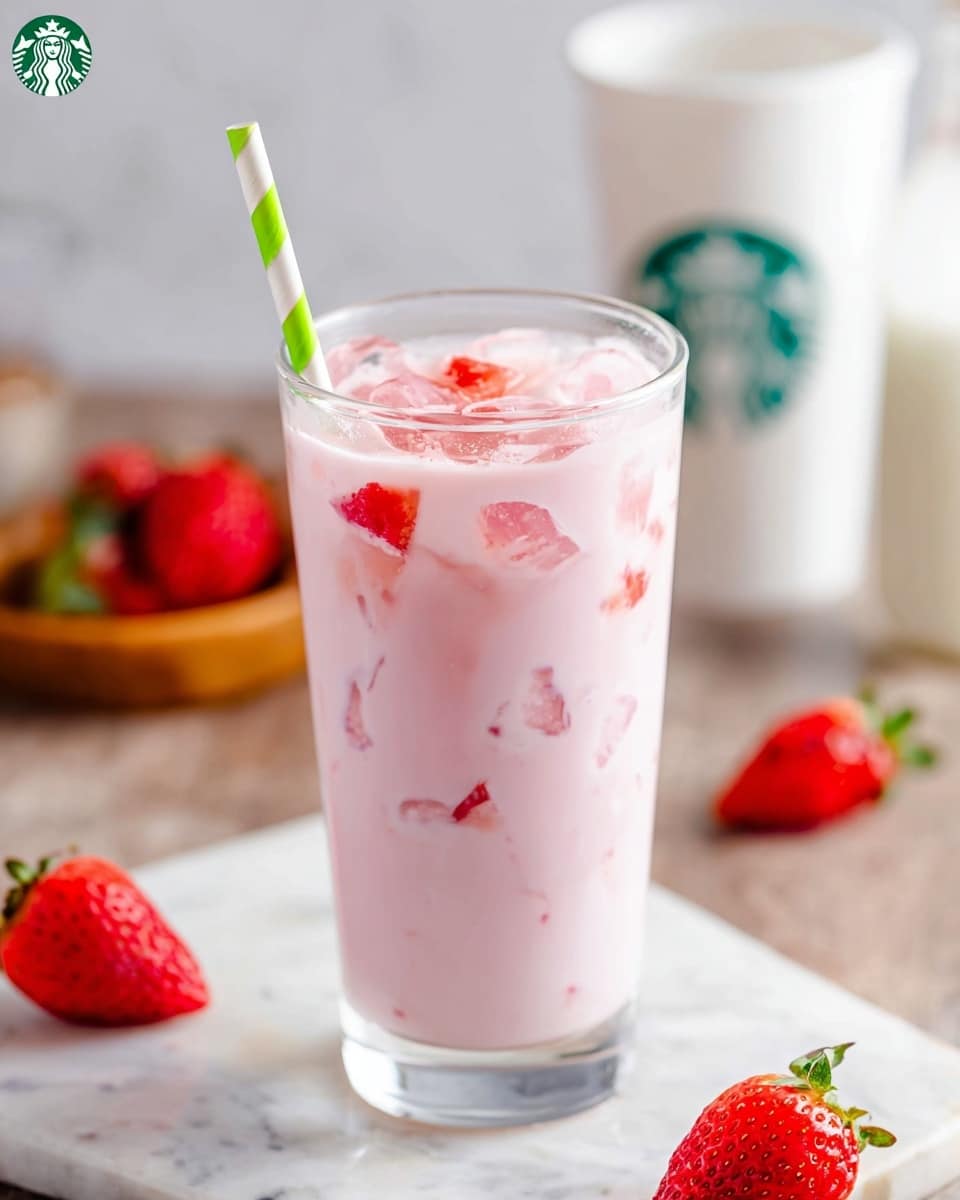 A tall clear glass filled with a pink creamy drink with ice cubes and small red strawberry pieces mixed throughout, topped with more strawberry pieces. A green and white striped straw is placed inside the glass near the top. The glass stands on a white marbled surface with scattered fresh strawberries and a blurred white cup with a green logo in the background. photo taken with an iphone --ar 4:5 --v 7