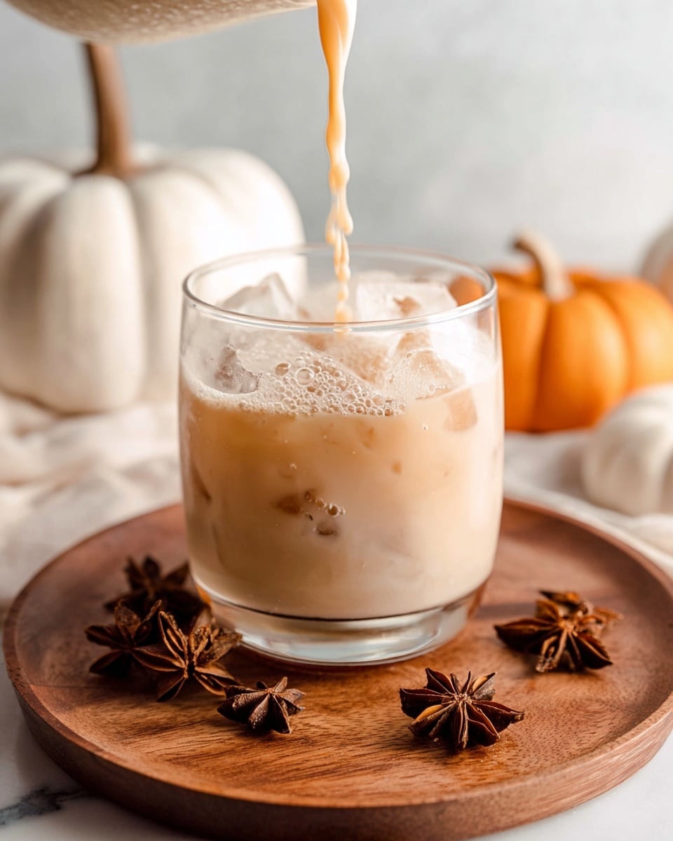 A clear glass filled with a creamy drink that has three layers: a bottom pale beige milk layer, a middle light brown ice layer with visible ice cubes, and a thick foamy light caramel-colored layer on top. The glass is placed on a round wooden tray with some star anise and cloves scattered around it. In the blurred background, there is a white pumpkin on the left and an orange pumpkin on a wooden stand on the right, all set on a white marbled surface. photo taken with an iphone --ar 4:5 --v 7