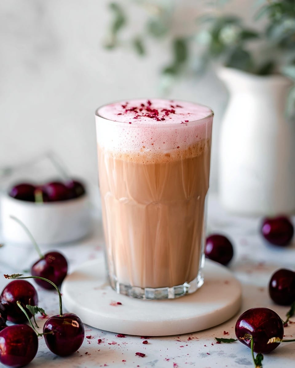 A tall clear glass holds a layered drink with a light brown creamy base and a thick pink foam on top, sprinkled with small dark red crumbs. The glass sits on a round white coaster placed on a white marbled surface. Around the glass are several fresh dark red cherries with stems and green leaves scattered softly. A white ceramic jug is blurred in the background, adding a cozy and fresh feeling to the image. Photo taken with an iphone --ar 4:5 --v 7