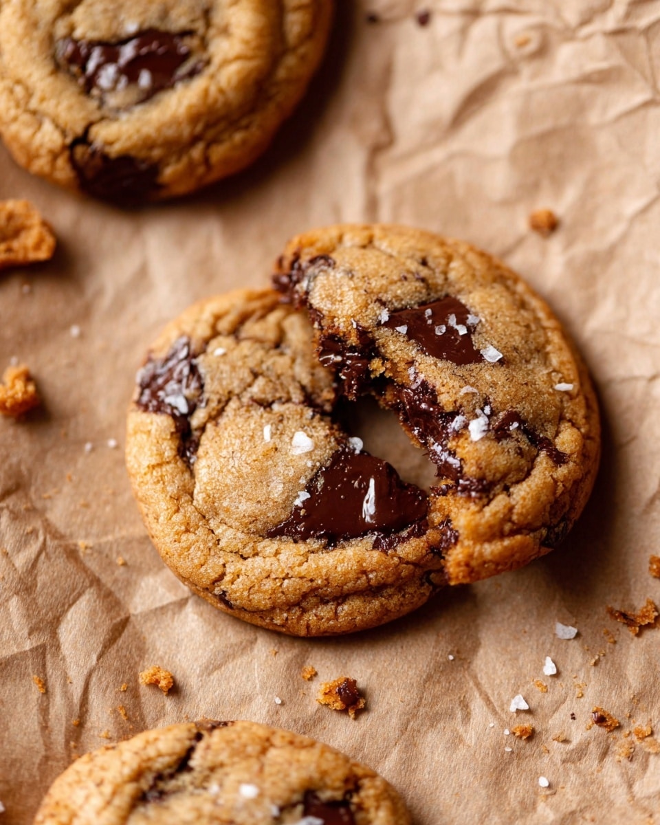 The image shows two warm, golden-brown chocolate chip cookies on crinkled brown parchment paper with a white marbled texture in the background. One cookie is whole, with visible dark melted chocolate spots and a slightly rough texture on its surface. The other cookie, placed partially on top of the whole cookie, has a bite taken out of it, showing a soft, chewy inside with shiny melted chocolate chunks and a few scattered flakes of sea salt on top. Small cookie crumbs are scattered around the cookies adding to the cozy, fresh-baked look. Photo taken with an iphone --ar 4:5 --v 7