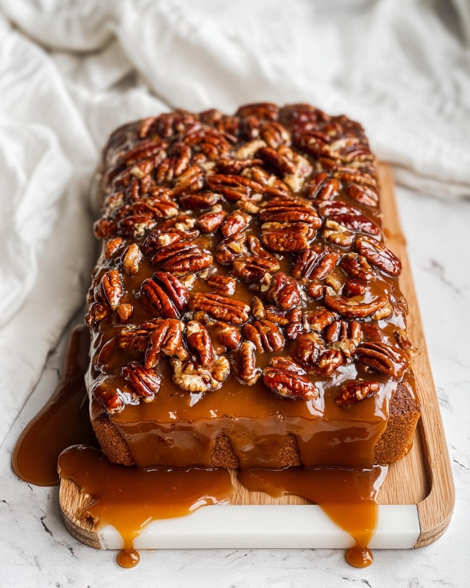 The image shows a thick rectangular cake covered with a thick layer of sticky caramel sauce, topped with many glossy pecan nuts that are rich brown and unevenly spread over the top and sides. The cake is placed on a wooden board, which is on a white plate, and the caramel drips off the edges onto the board and plate. The background is a white marbled texture with soft folds of white fabric nearby. photo taken with an iphone --ar 4:5 --v 7