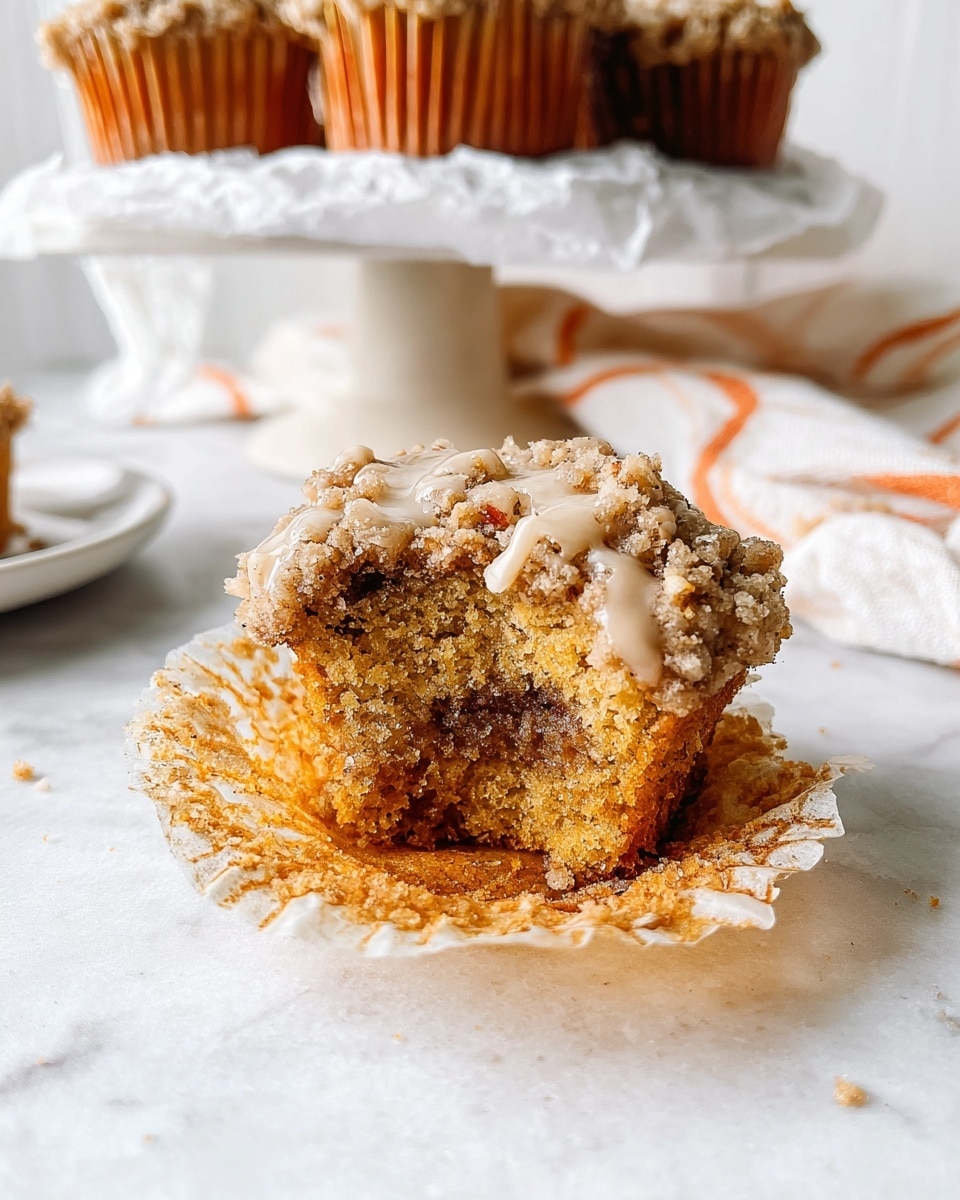 A close-up of a partially eaten muffin with three visible layers: the base is a moist, golden-brown cake with a slightly crumbly texture, the middle reveals a darker, cinnamon-colored swirl inside, and the top is covered with a chunky, light brown crumb topping mixed with small nut pieces and drizzled with a light beige glaze. The muffin sits on an open, slightly stained paper liner that spreads out flat on a white marbled surface. In the background, there are more muffins on a white cake stand partly wrapped in parchment paper and a white cloth with orange stripes, softly blurred. photo taken with an iphone --ar 4:5 --v 7