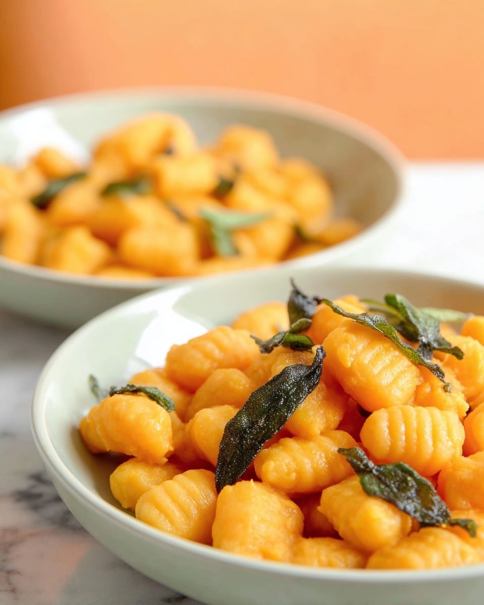 The image shows two white bowls filled with small, plump gnocchi that are bright orange in color, indicating they might be made with pumpkin or sweet potato. Each piece is ridged and has a soft, smooth texture. On top of the gnocchi, there are small pieces of crispy, dark green sage leaves scattered, adding a bit of contrast and texture. The bowls sit on a white marbled surface, and the background is softly blurred with a warm orange tone. photo taken with an iphone --ar 4:5 --v 7