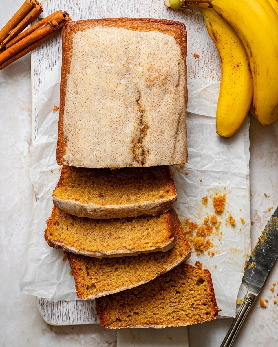 The image shows a loaf of banana bread sliced into five pieces, placed on white parchment paper over a white wooden board. The banana bread has a golden brown color with a dense and moist texture. The outer crust is light beige sprinkled with a light dusting, while the inside is a rich, warm brown with small specks visible throughout. There are two cinnamon sticks on the top left corner and a bunch of ripe yellow bananas on the right side of the board. A knife with crumbs rests at the bottom right corner. The background surface has a white marbled texture. Photo taken with an iphone --ar 4:5 --v 7