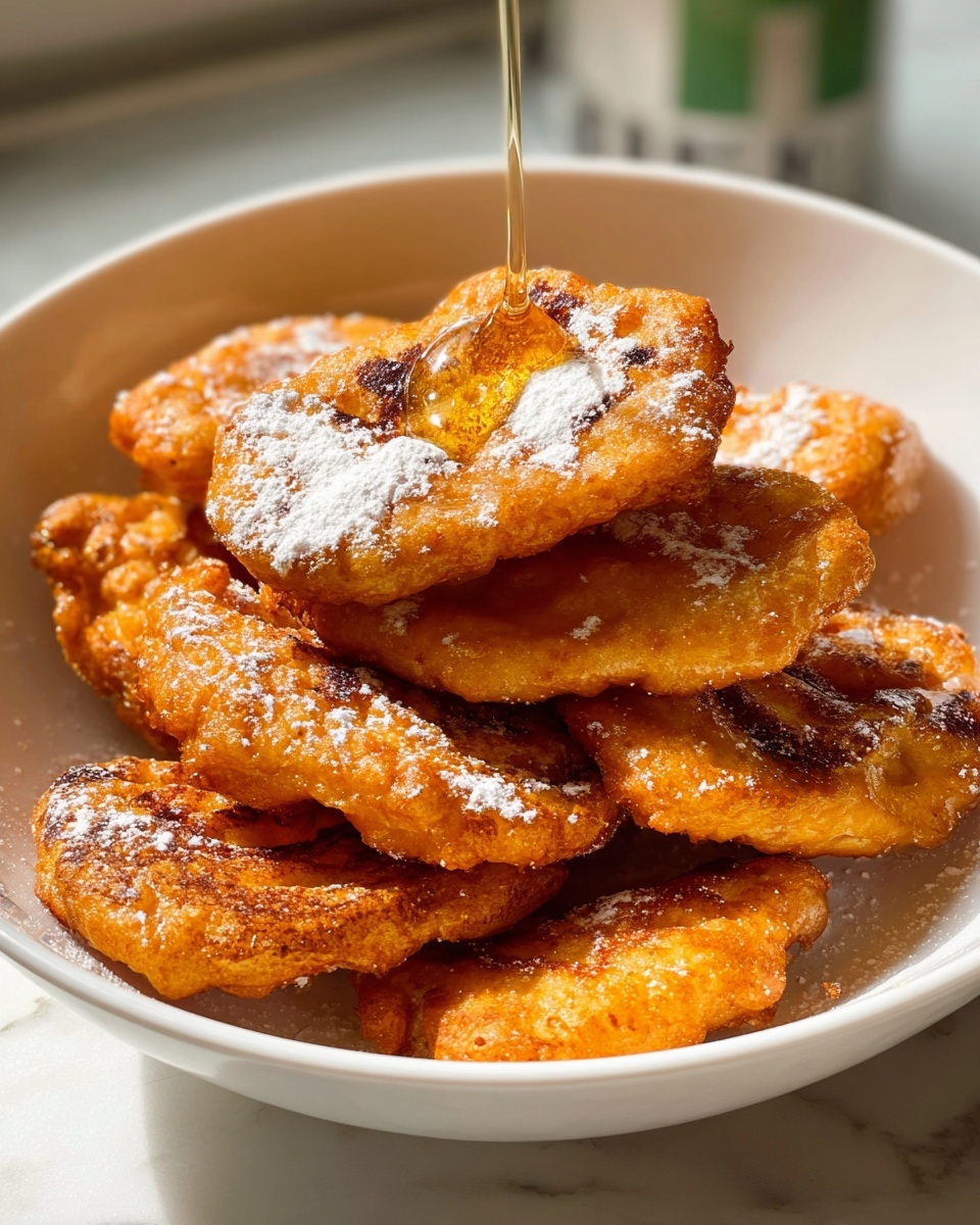 In a white bowl, there is a stack of nine small golden brown pieces of fried dough, each with a slightly crispy and unevenly textured surface showing darker spots from cooking. Some pieces have a light dusting of white powdered sugar scattered unevenly on top. A thin stream of golden syrup is drizzling over the top piece in the center, adding a shiny glaze to its surface. The bowl sits on a white marbled texture with soft light coming from the side, highlighting the warm colors and details. Photo taken with an iphone --ar 4:5 --v 7